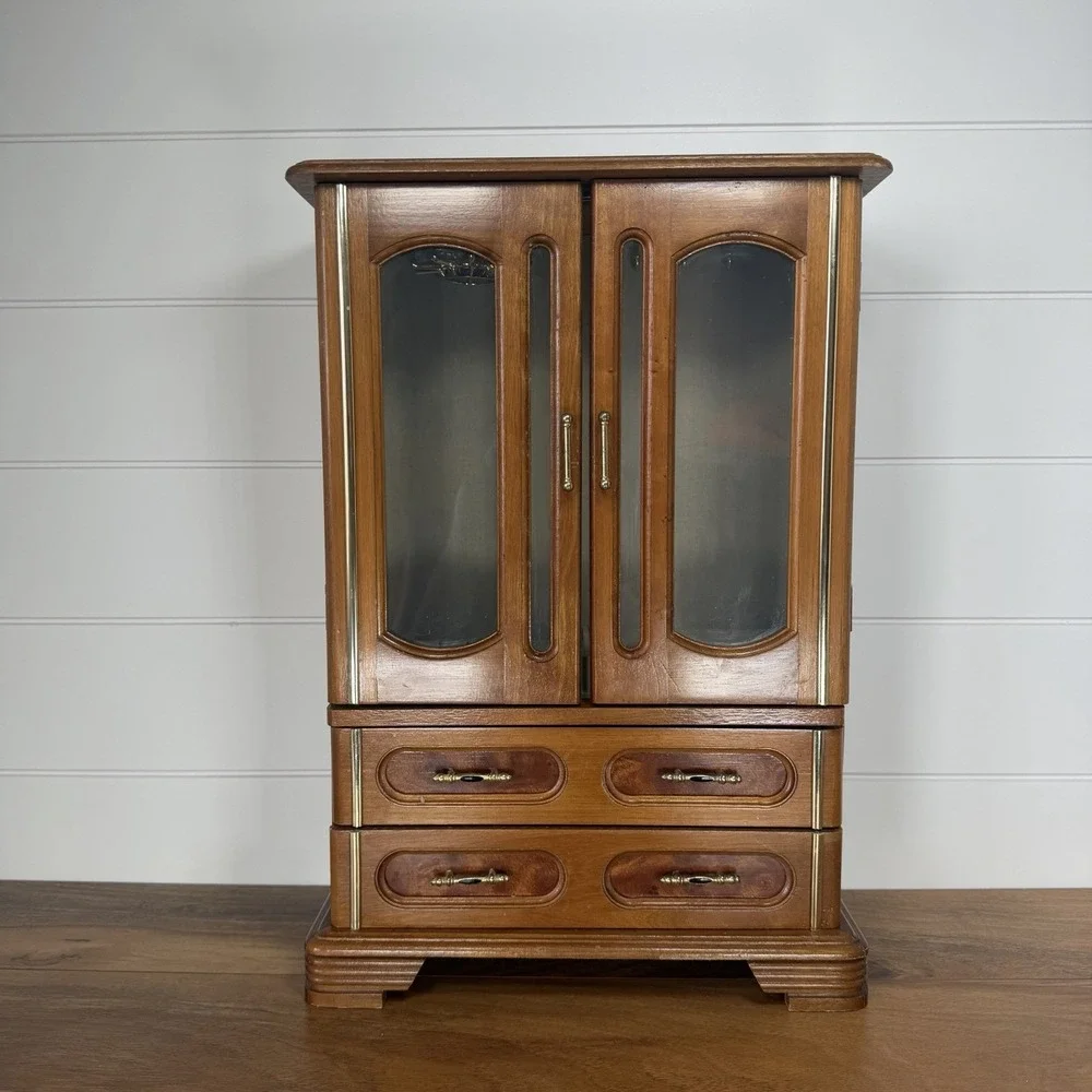 VTG Wood 2 Door Jewelry Box Armoire Cabinet w Mirror Drawers Organizer 18